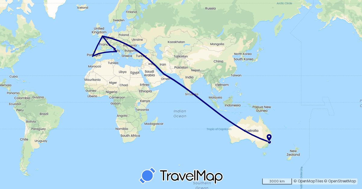 TravelMap itinerary: driving in United Arab Emirates, Australia, Switzerland, Spain, France, United Kingdom, Italy, Portugal (Asia, Europe, Oceania)